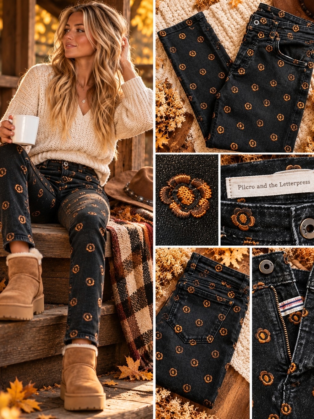Pilcro and the Letterpress Women's Black Floral Embroidered Jeans